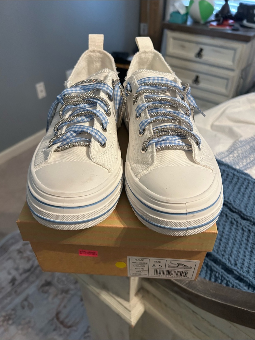 Women's  White Canvas Sneakers with Light Blue gingham and glittery shoelaces